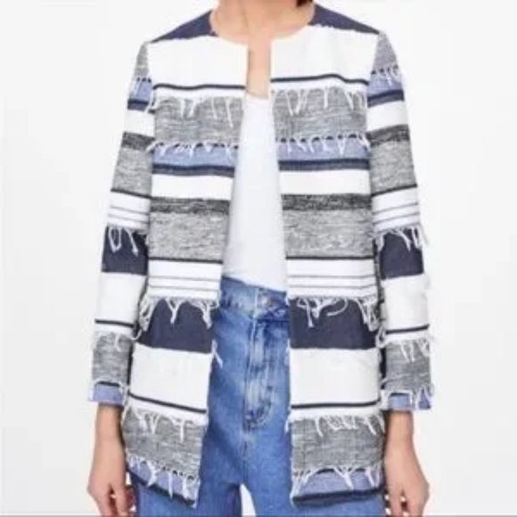 Womens Zara Basic Rustic Blue White Fringe Open Mid-Length Jacket L * - Picture 1 of 13
